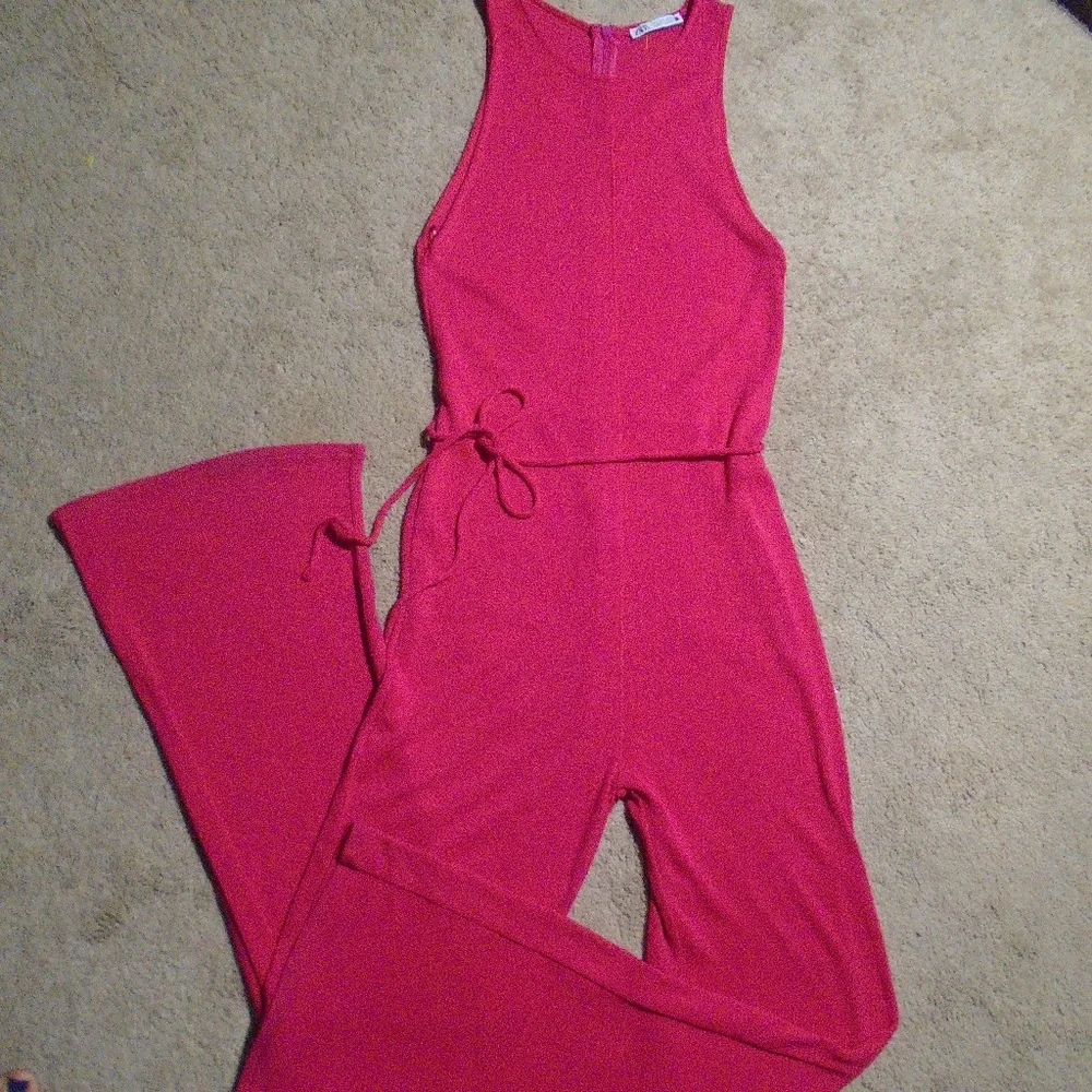 ZARA High Neck Sleeveless Ribbed Fuchsia Jumpsuit - Picture 2 of 9
